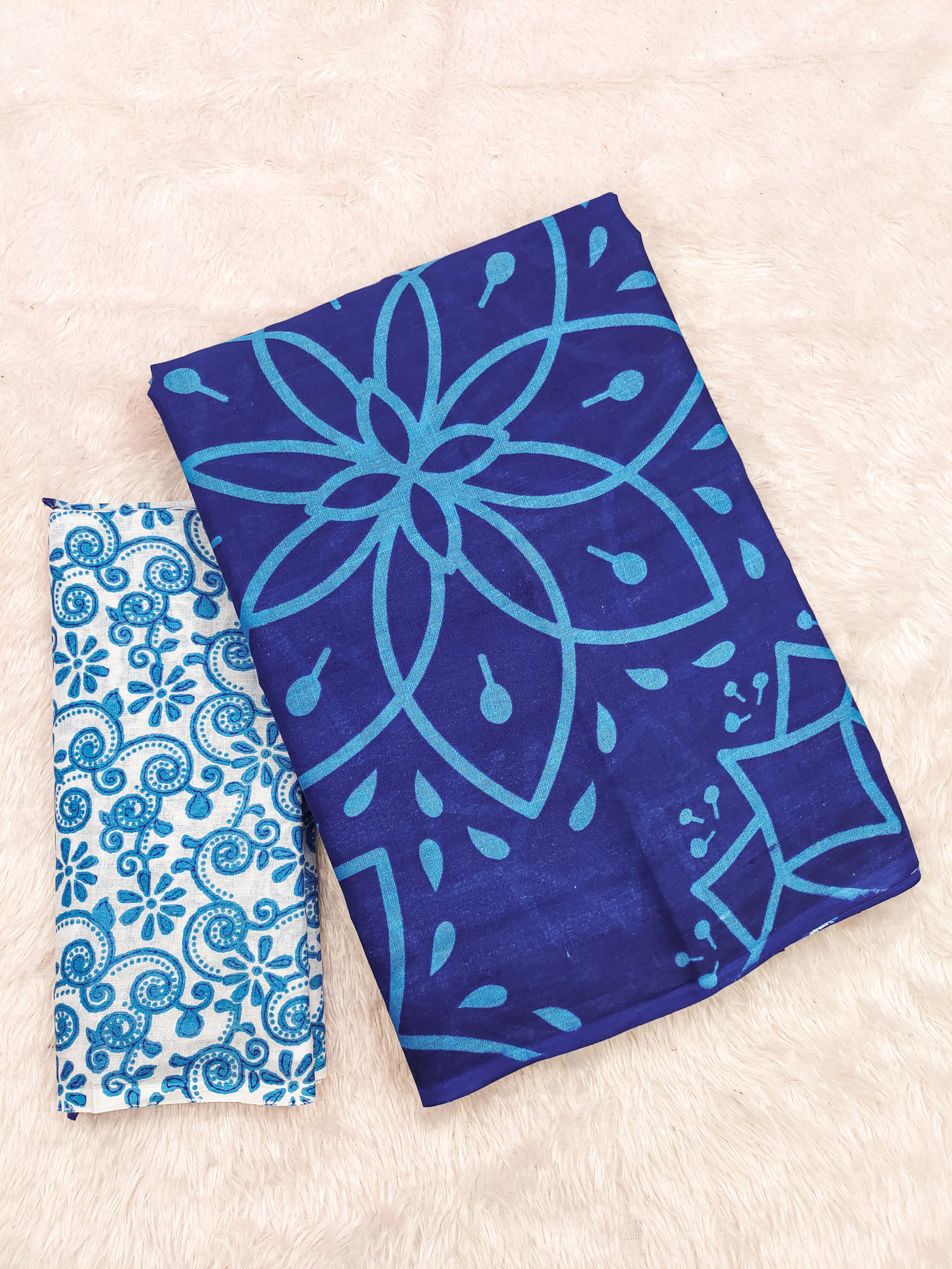 AARICA PURE MULMUL COTTON BATIK STYLE HAND BLOCK PRINTD BLUE SAREE