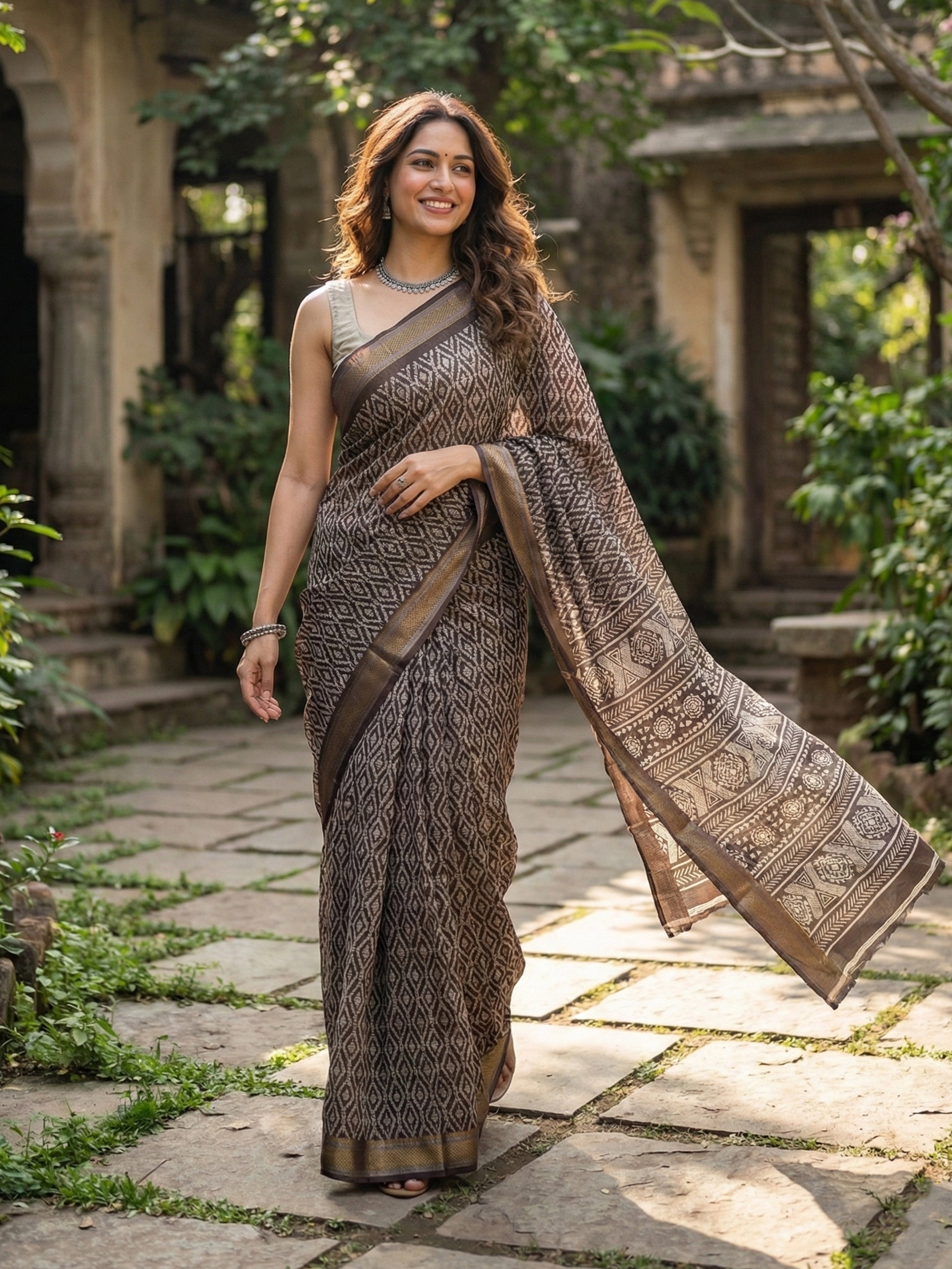 SELFI PRIMUM MULMUL COTTON WITH HEVY ZARI BORDAR BAGRU BANDHANI PRINTED DARK BROWN SAREE