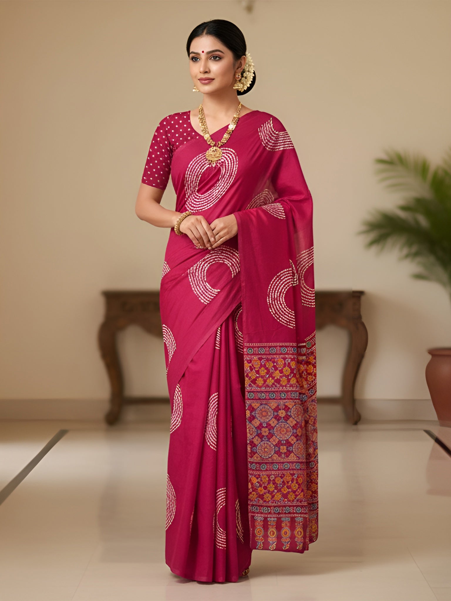 AJRAKH BANDHEJ PURE MULMUL COTTON  HAND BLOCK PRINT PINK SAREE
