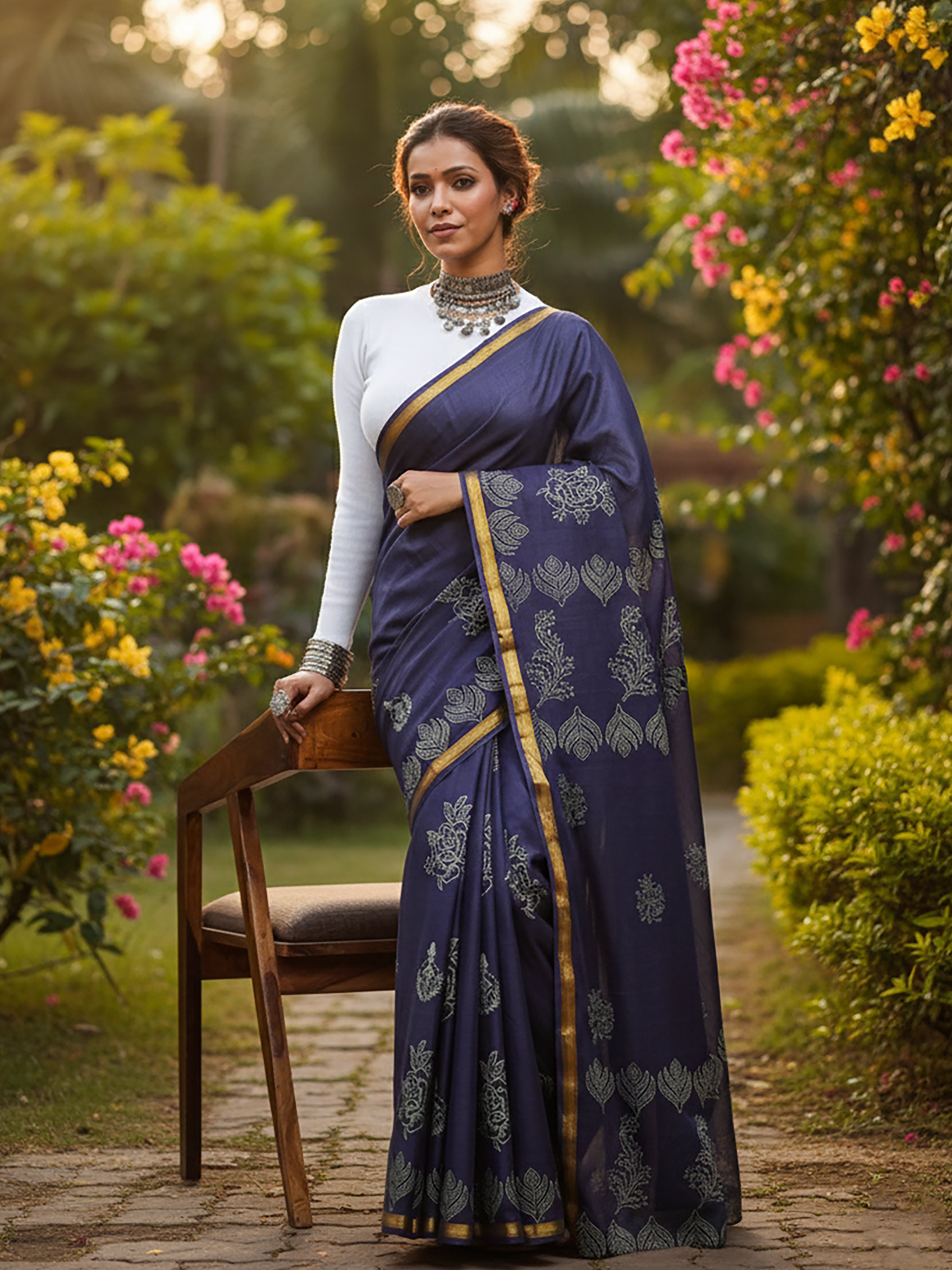 Maslin Indigo Blue Block Print Sarees