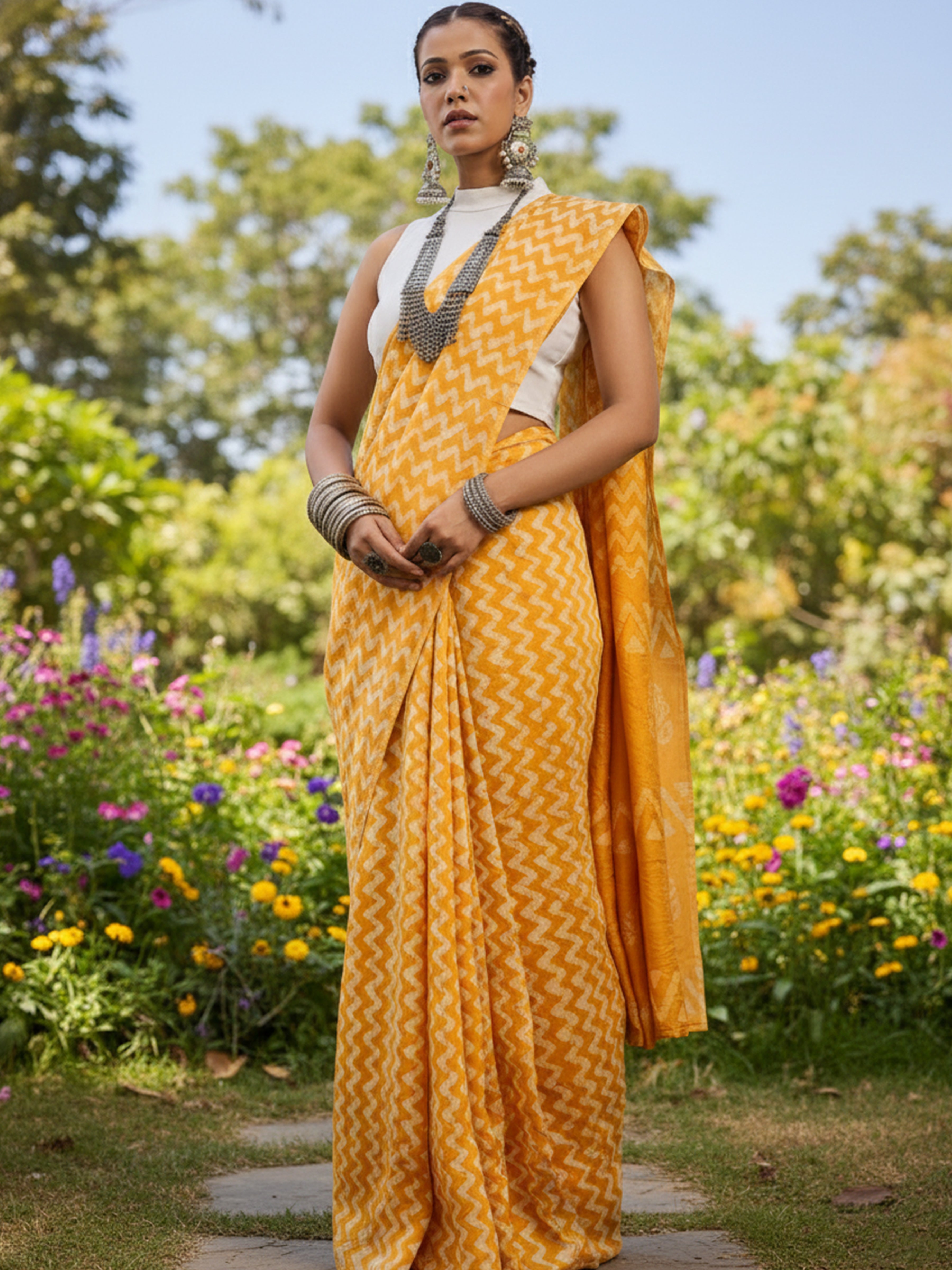 BATIK7 TRADITIONAL ORIGINAL WEX BATIK CHANDERI COTTON SILK YELLOW SAREE
