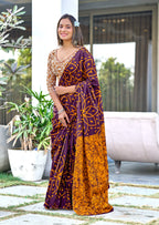AARICA PURE MULMUL COTTON BATIK STYLE HAND BLOCK PRINTD BROWN SAREE