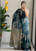 AJRAKH BANDHEJ PURE MULMUL COTTON  HAND BLOCK PRINT GREEN SAREE