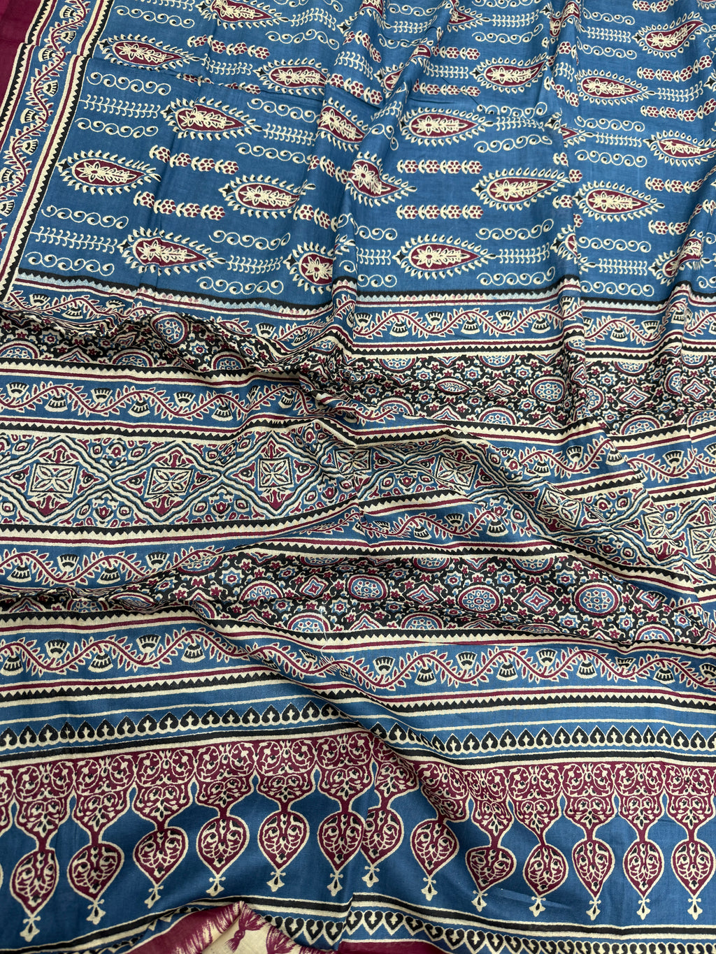 AJRAKH2 BLOCK PRINT PURE MULMUL COTTON BLUE SAREE