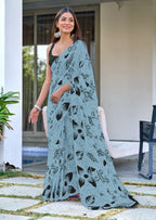 AKRUTI PURE MULMUL COTTON FLORAL STYLE HAND BLOCK PRINTD GREY AND BLACK SAREE
