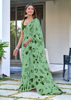 AKRUTI PURE MULMUL COTTON FLORAL STYLE HAND BLOCK PRINTD LIGHT GREEN WITH DARK GREEN SAREE