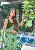 AKRUTI PURE MULMUL COTTON FLORAL STYLE HAND BLOCK PRINTD LIGHT GREEN WITH DARK GREEN SAREE