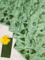 AKRUTI PURE MULMUL COTTON FLORAL STYLE HAND BLOCK PRINTD LIGHT GREEN WITH DARK GREEN SAREE
