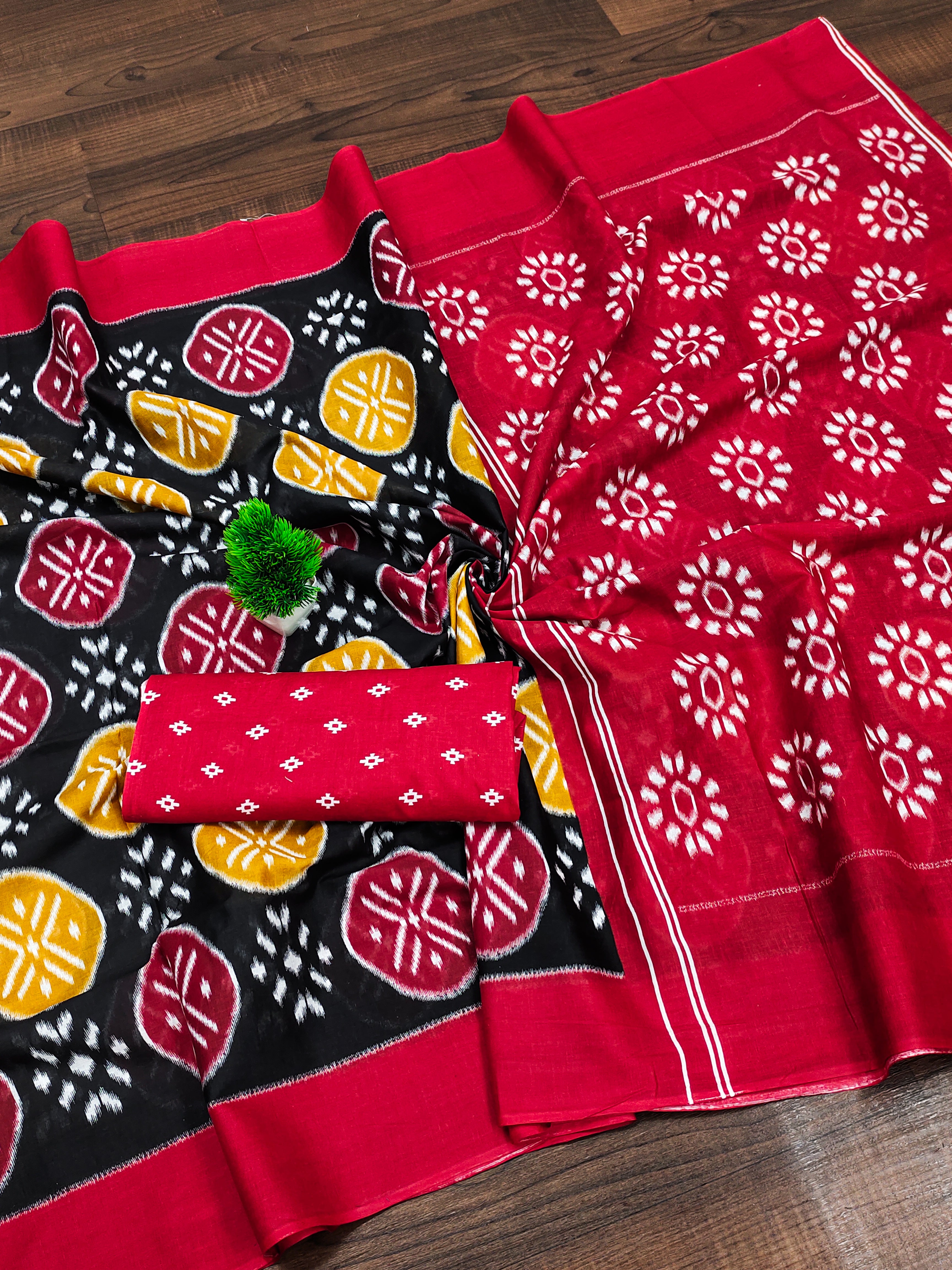ANGRAKHA PURE MULMUL COTTON IKKAT HAND PRINTED BLACK SAREE
