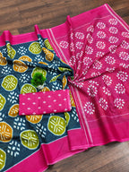 ANGRAKHA PURE MULMUL COTTON IKKAT HAND PRINTED DARK TEAL SAREE