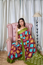 ANGRAKHA PURE MULMUL COTTON IKKAT HAND PRINTED MAROON SAREE