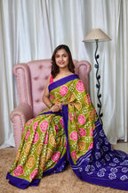 ANGRAKHA PURE MULMUL COTTON IKKAT HAND PRINTED OLIVE GREEN SAREE