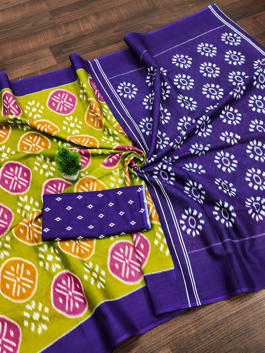 ANGRAKHA PURE MULMUL COTTON IKKAT HAND PRINTED OLIVE GREEN SAREE