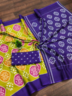 ANGRAKHA PURE MULMUL COTTON IKKAT HAND PRINTED OLIVE GREEN SAREE