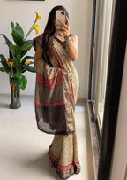 ASSAM SILK NATURAL CELLULOSE NYLON AND VISCOSE ZARI WEAVING BEIGE SAREE