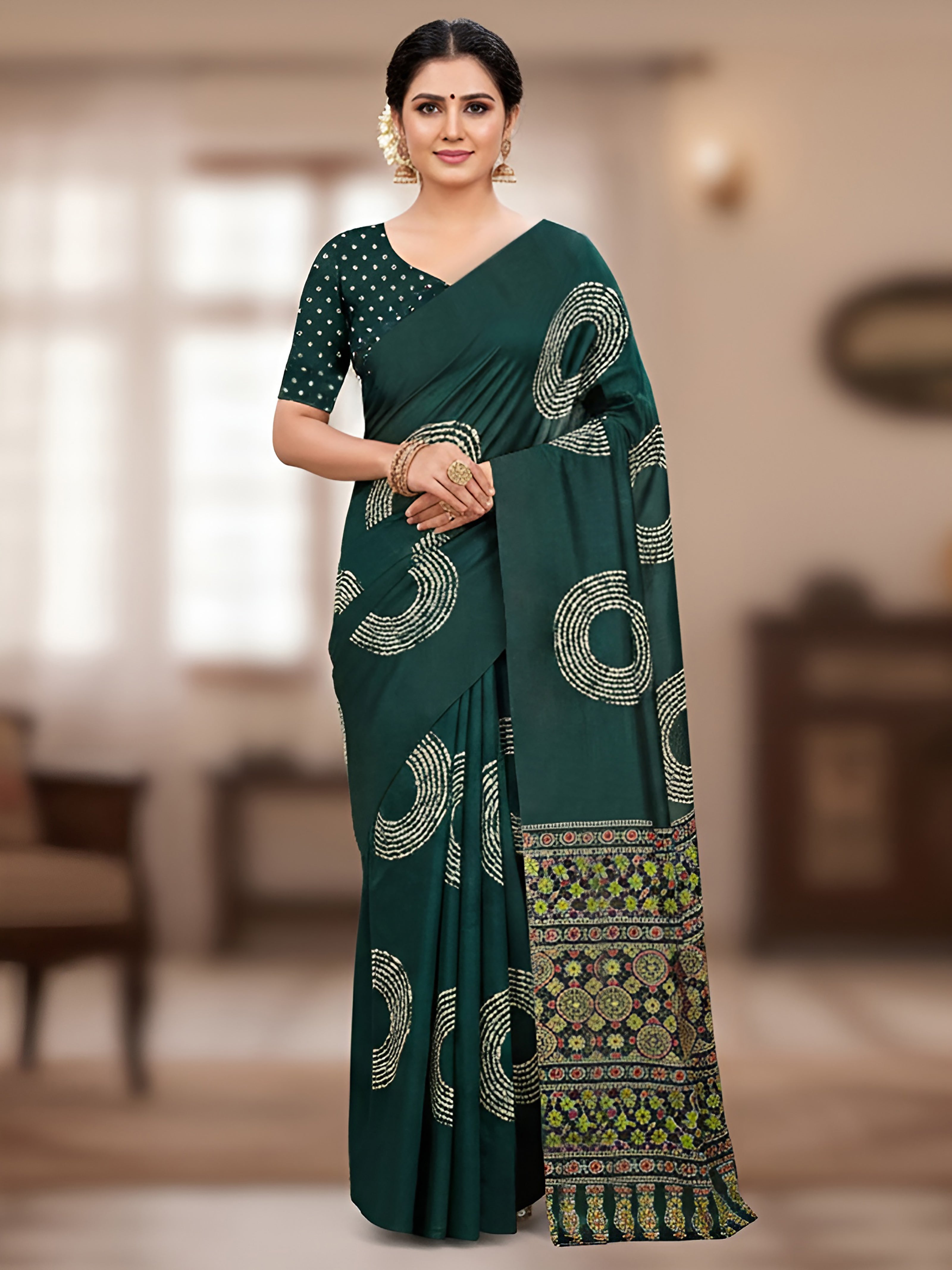 AJRAKH BANDHEJ PURE MULMUL COTTON  HAND BLOCK PRINT GREEN SAREE