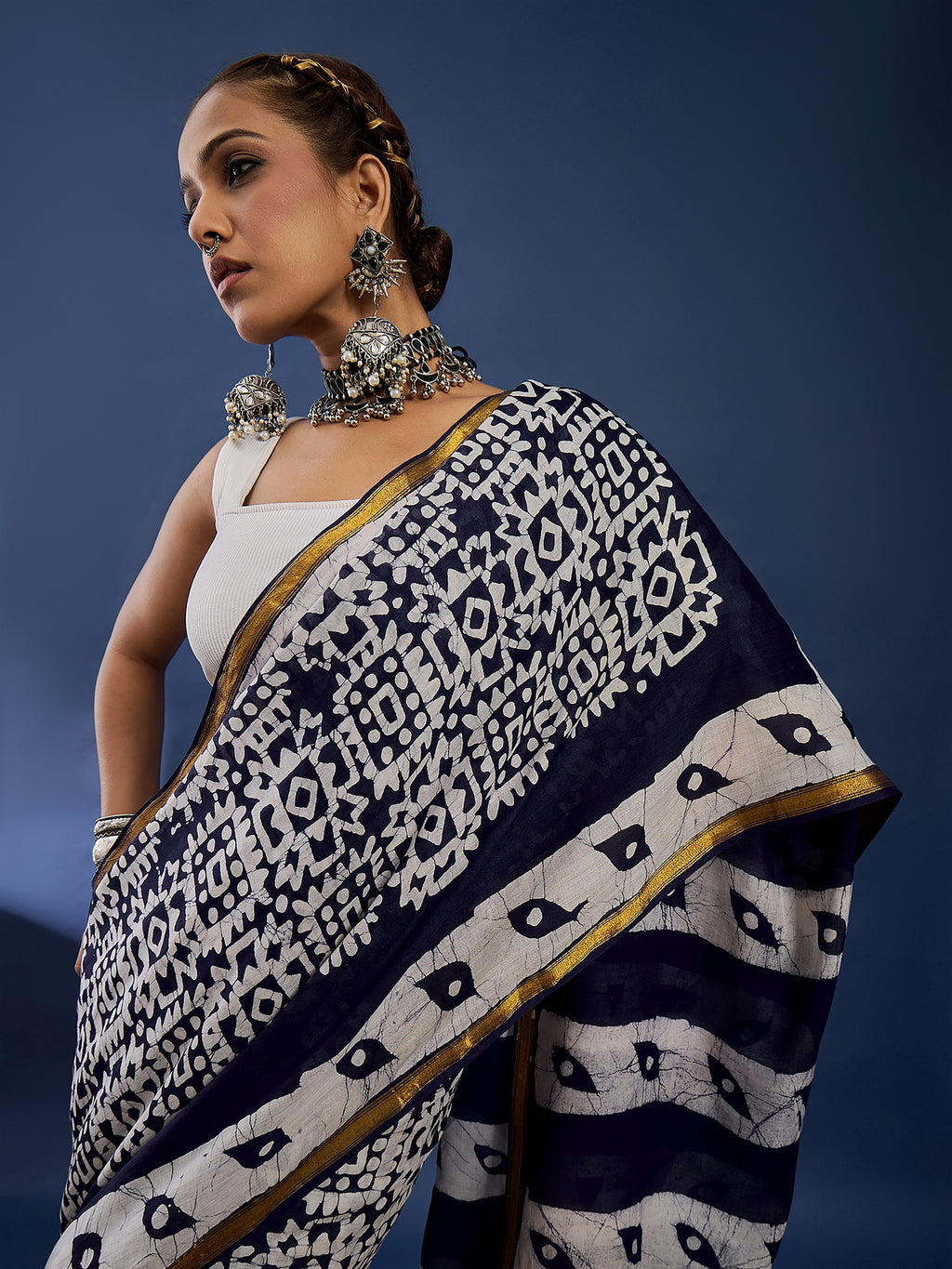 BATIK2 BIRLA PRIMUM RANGE MULMUL COTTON ZARI BODAR NEVY BLUE SAREE