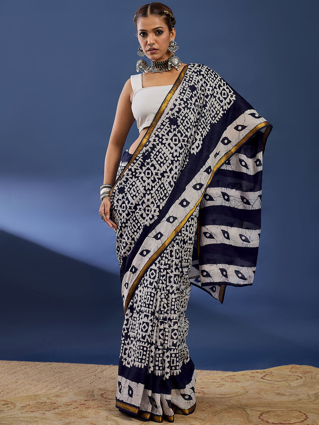 BATIK2 BIRLA PRIMUM RANGE MULMUL COTTON ZARI BODAR NEVY BLUE SAREE