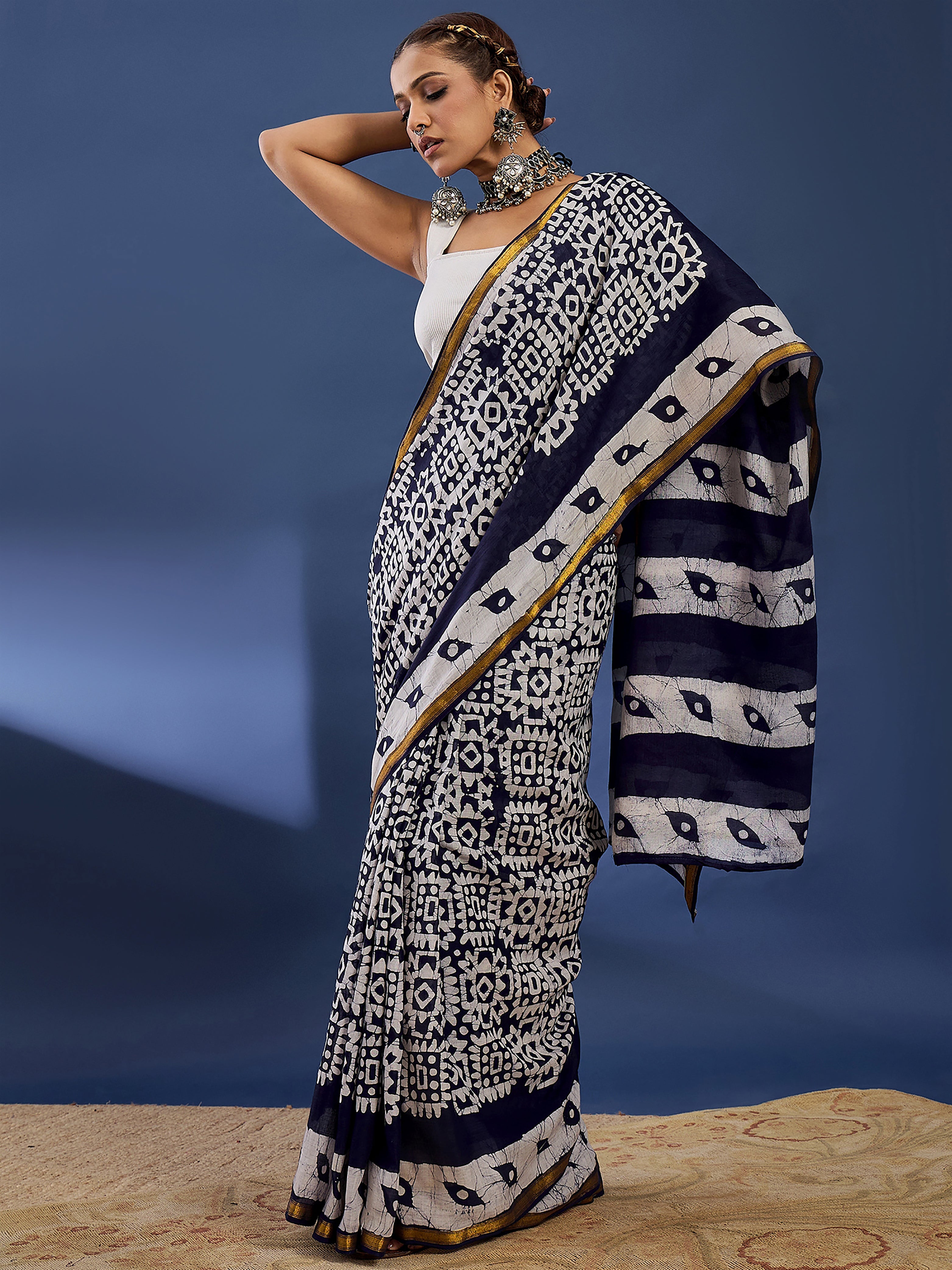 BATIK2 BIRLA PRIMUM RANGE MULMUL COTTON ZARI BODAR NEVY BLUE SAREE