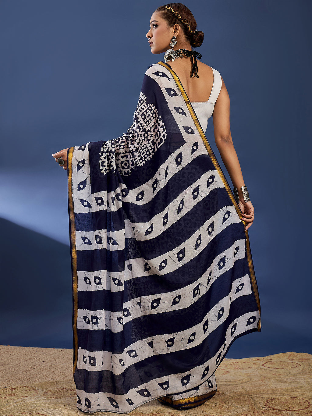 BATIK2 BIRLA PRIMUM RANGE MULMUL COTTON ZARI BODAR NEVY BLUE SAREE