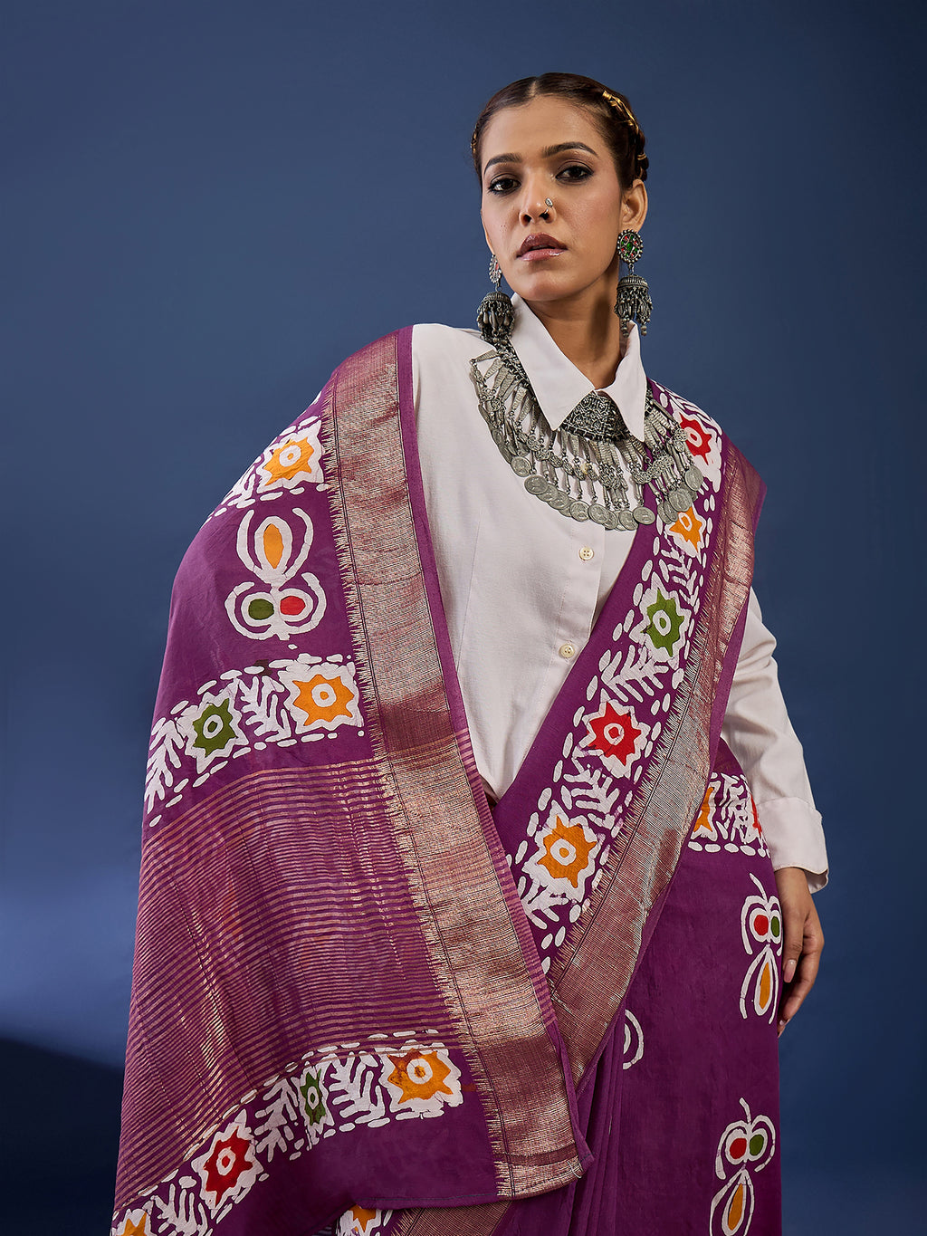 BATIK3 MODAL VISCOSE BLAND WITH MUSTRISE COTTON SOFT SILK PURPLE SAREE