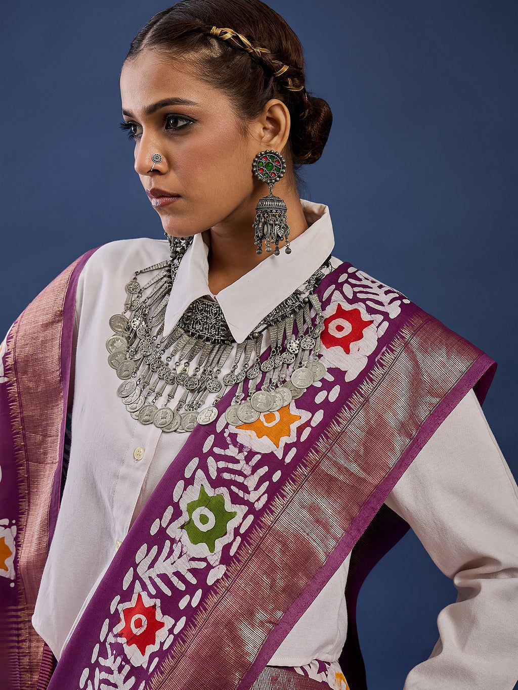 BATIK3 MODAL VISCOSE BLAND WITH MUSTRISE COTTON SOFT SILK PURPLE SAREE