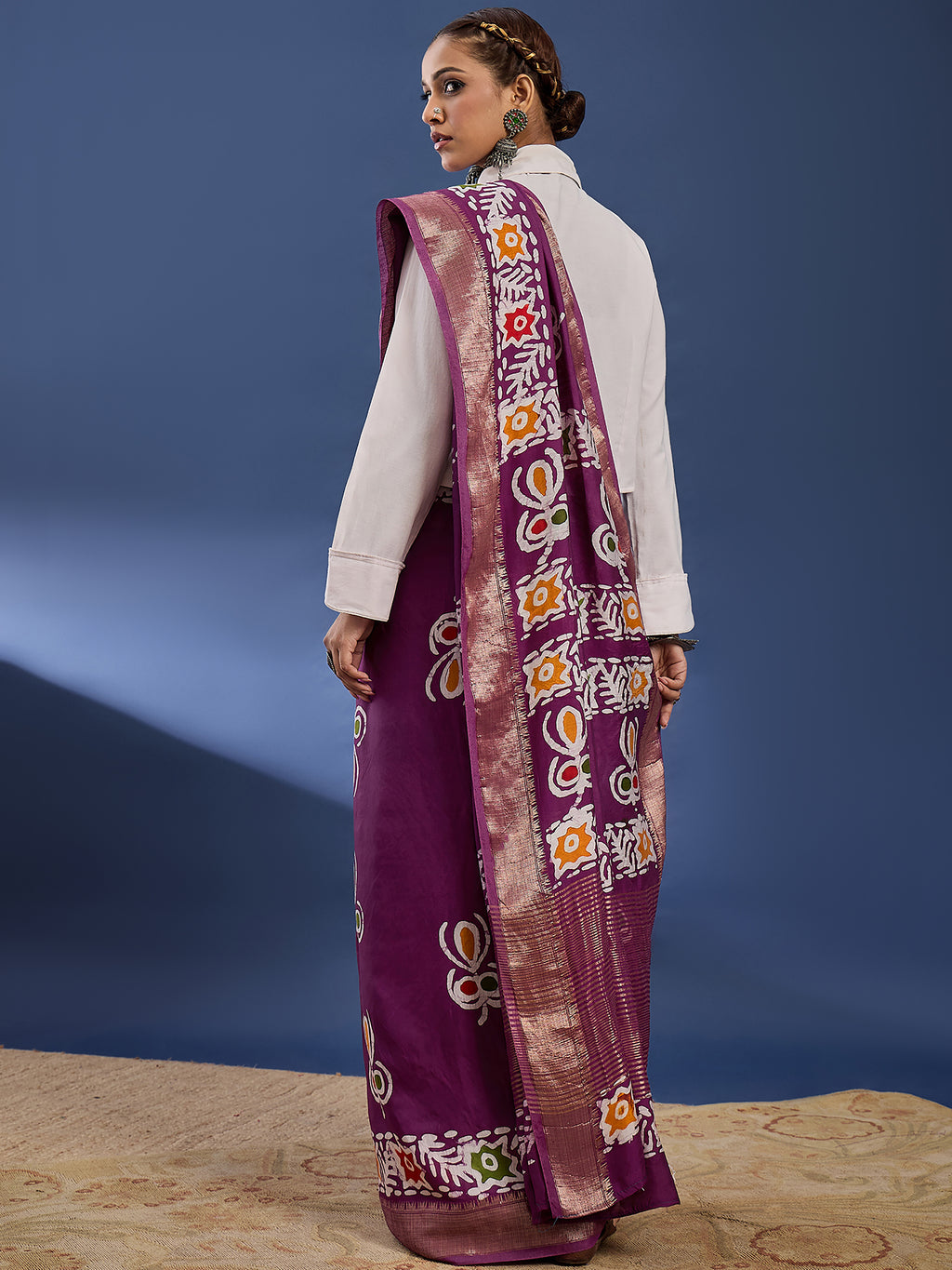 BATIK3 MODAL VISCOSE BLAND WITH MUSTRISE COTTON SOFT SILK PURPLE SAREE