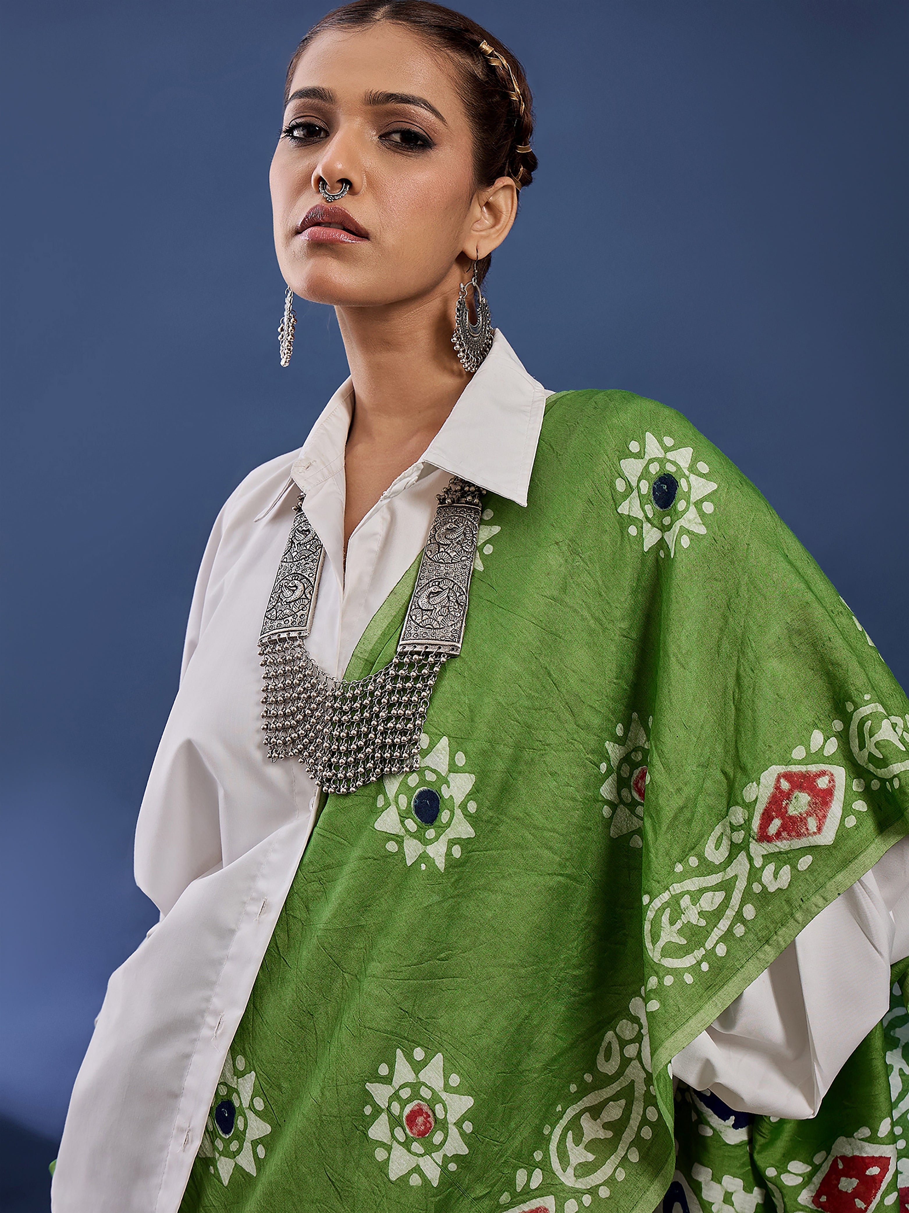 BATIK6 TRADITIONAL ORIGINAL WEX BATIK PURE CHANDERI COTTON SILK GREEN SAREE