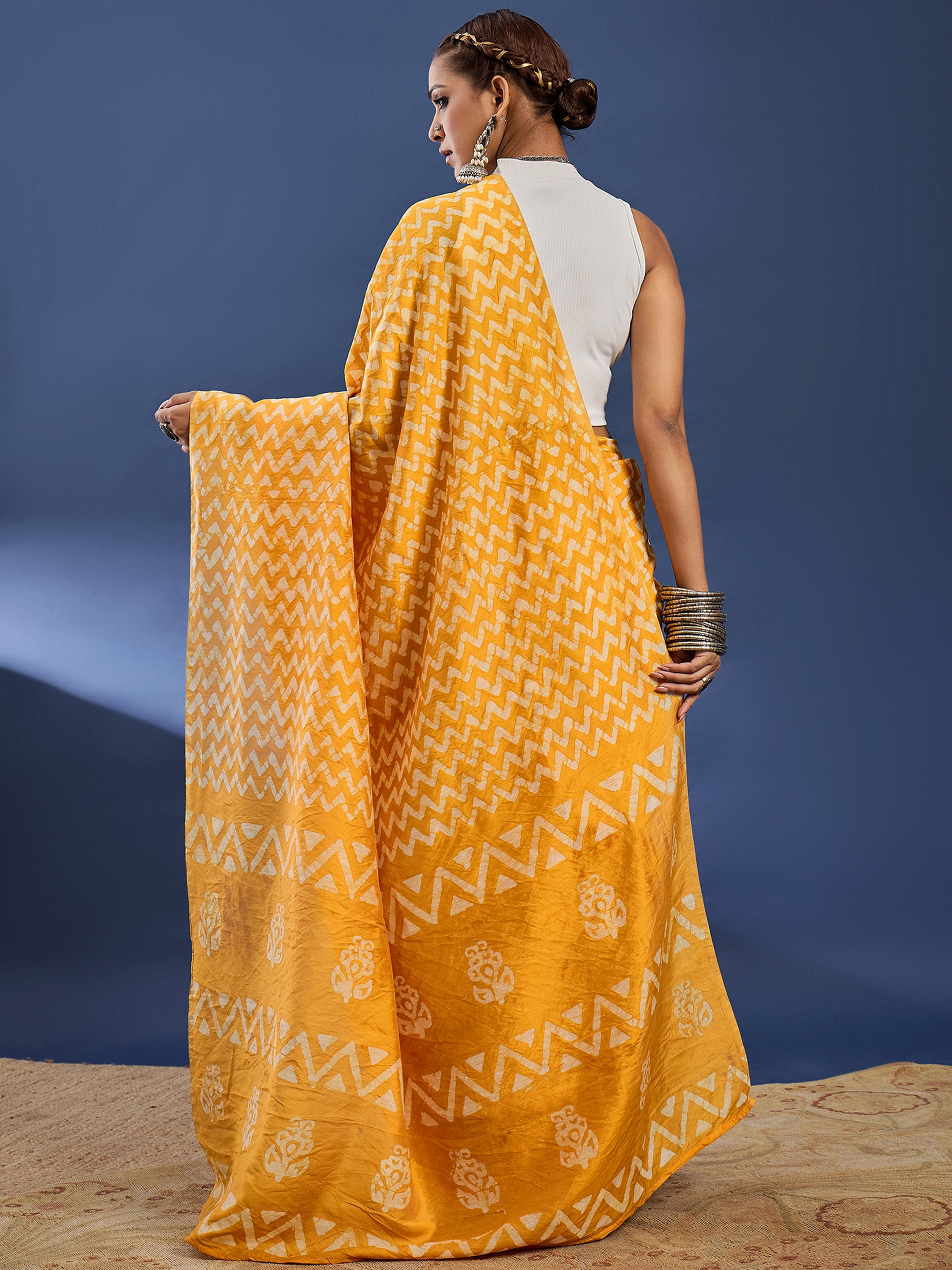 BATIK7 TRADITIONAL ORIGINAL WEX BATIK CHANDERI COTTON SILK YELLOW SAREE