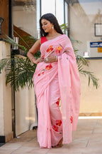 PICHI HAND PAINT PRIMUM SOFT ORIGNAL PURE MUSLIN SILK PINK SAREE