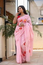 PICHI HAND PAINT PRIMUM SOFT ORIGNAL PURE MUSLIN SILK PINK SAREE