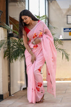 PICHI HAND PAINT PRIMUM SOFT ORIGNAL PURE MUSLIN SILK PINK SAREE