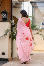 PICHI HAND PAINT PRIMUM SOFT ORIGNAL PURE MUSLIN SILK PINK SAREE