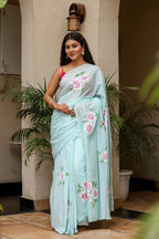 PICHI HAND PAINT PRIMUM SOFT ORIGNAL PURE MUSLIN SILK SKY BLUE SAREE