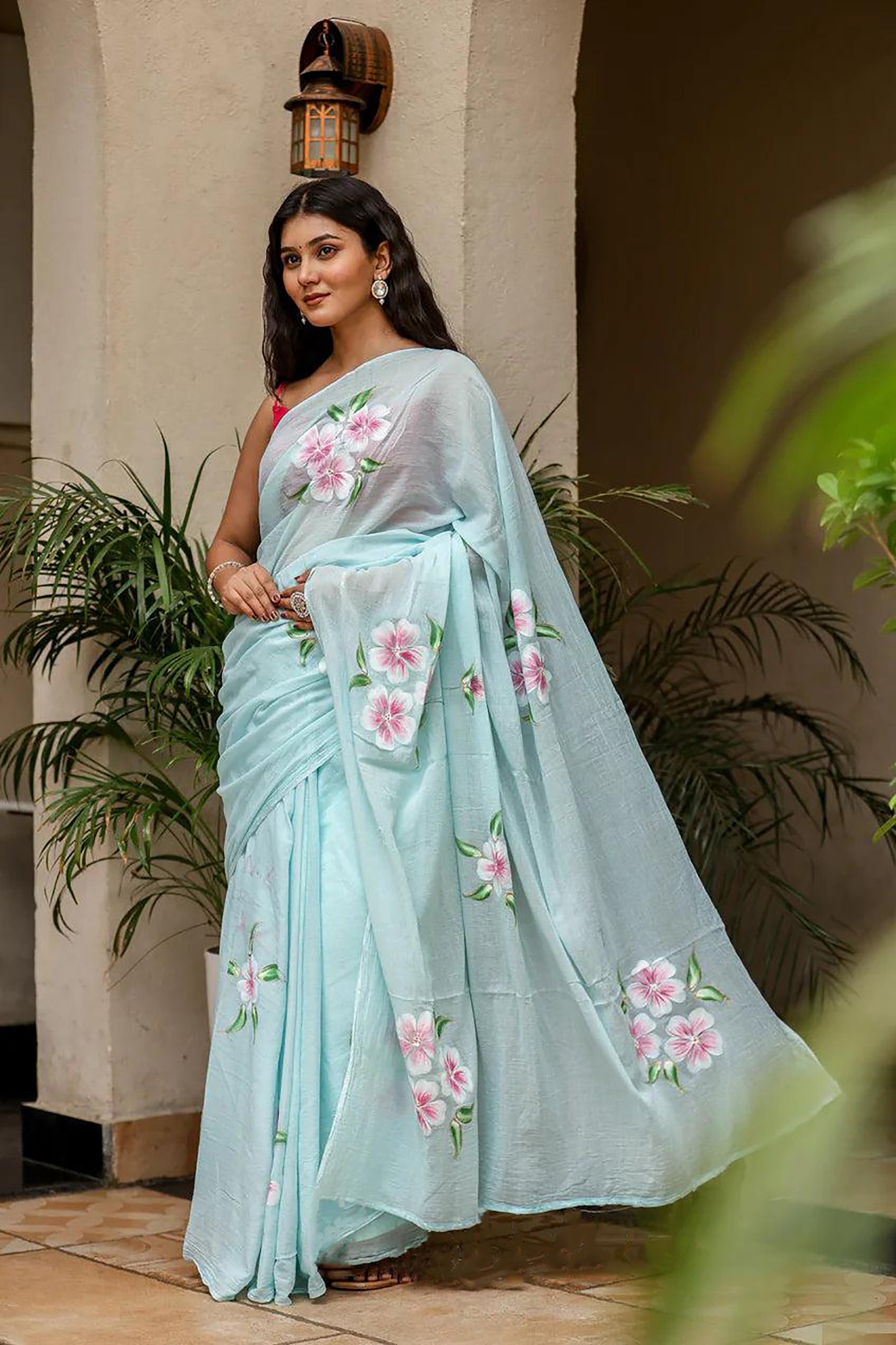 PICHI HAND PAINT PRIMUM SOFT ORIGNAL PURE MUSLIN SILK SKY BLUE SAREE