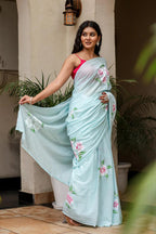 PICHI HAND PAINT PRIMUM SOFT ORIGNAL PURE MUSLIN SILK SKY BLUE SAREE