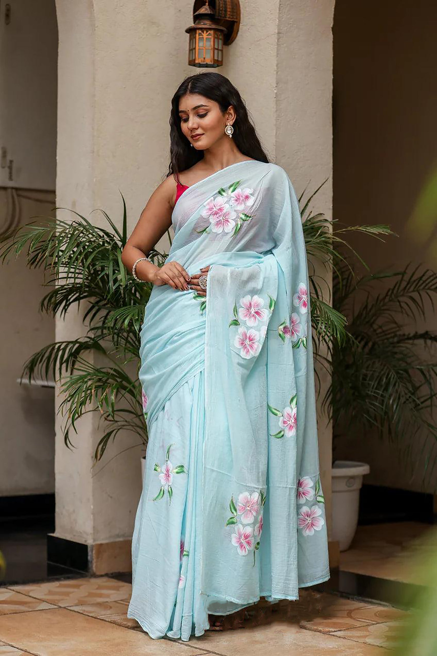 PICHI HAND PAINT PRIMUM SOFT ORIGNAL PURE MUSLIN SILK SKY BLUE SAREE