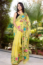 PICHI HAND PAINT PRIMUM SOFT ORIGNAL PURE MUSLIN SILK YELLOW SAREE