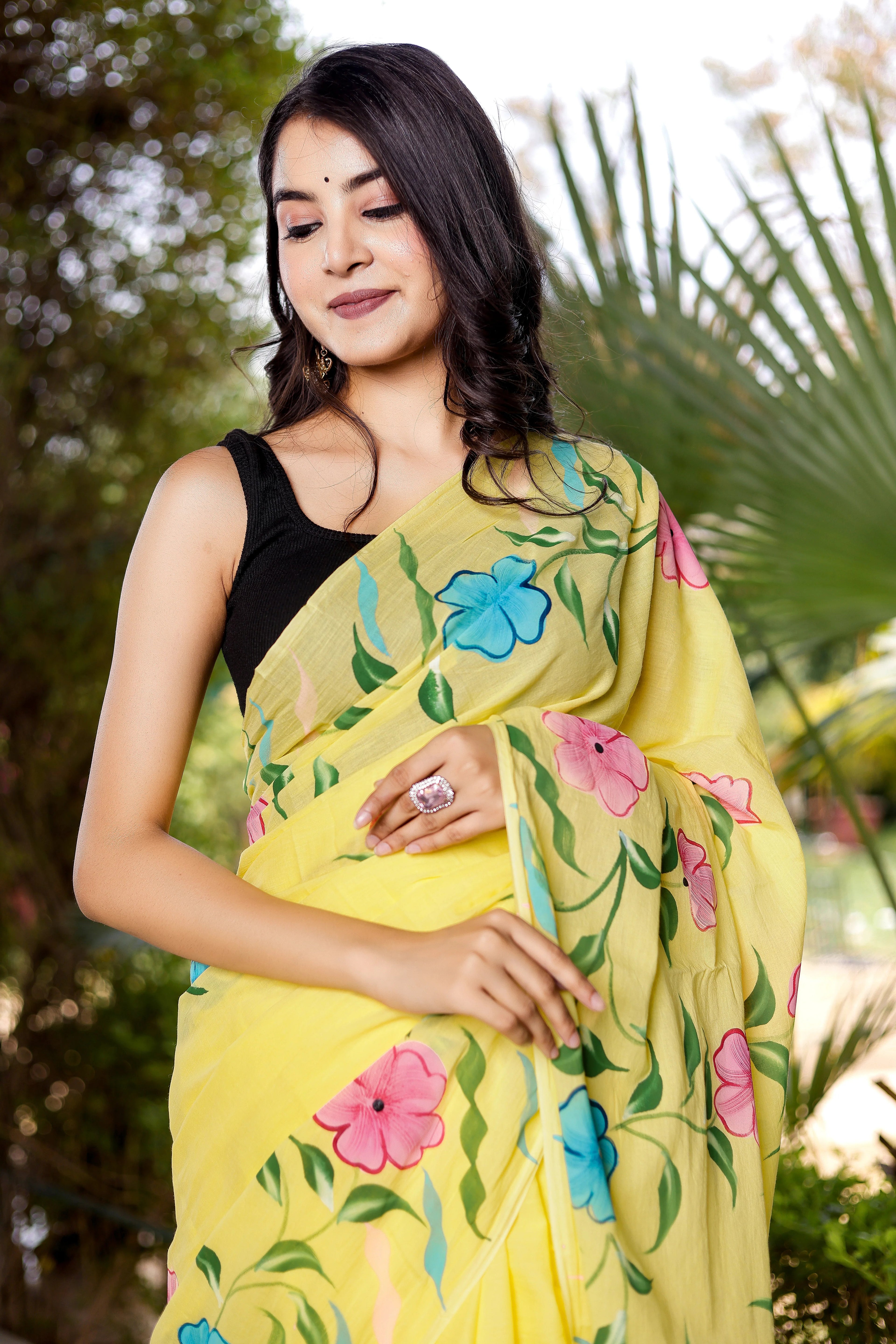 PICHI HAND PAINT PRIMUM SOFT ORIGNAL PURE MUSLIN SILK YELLOW SAREE