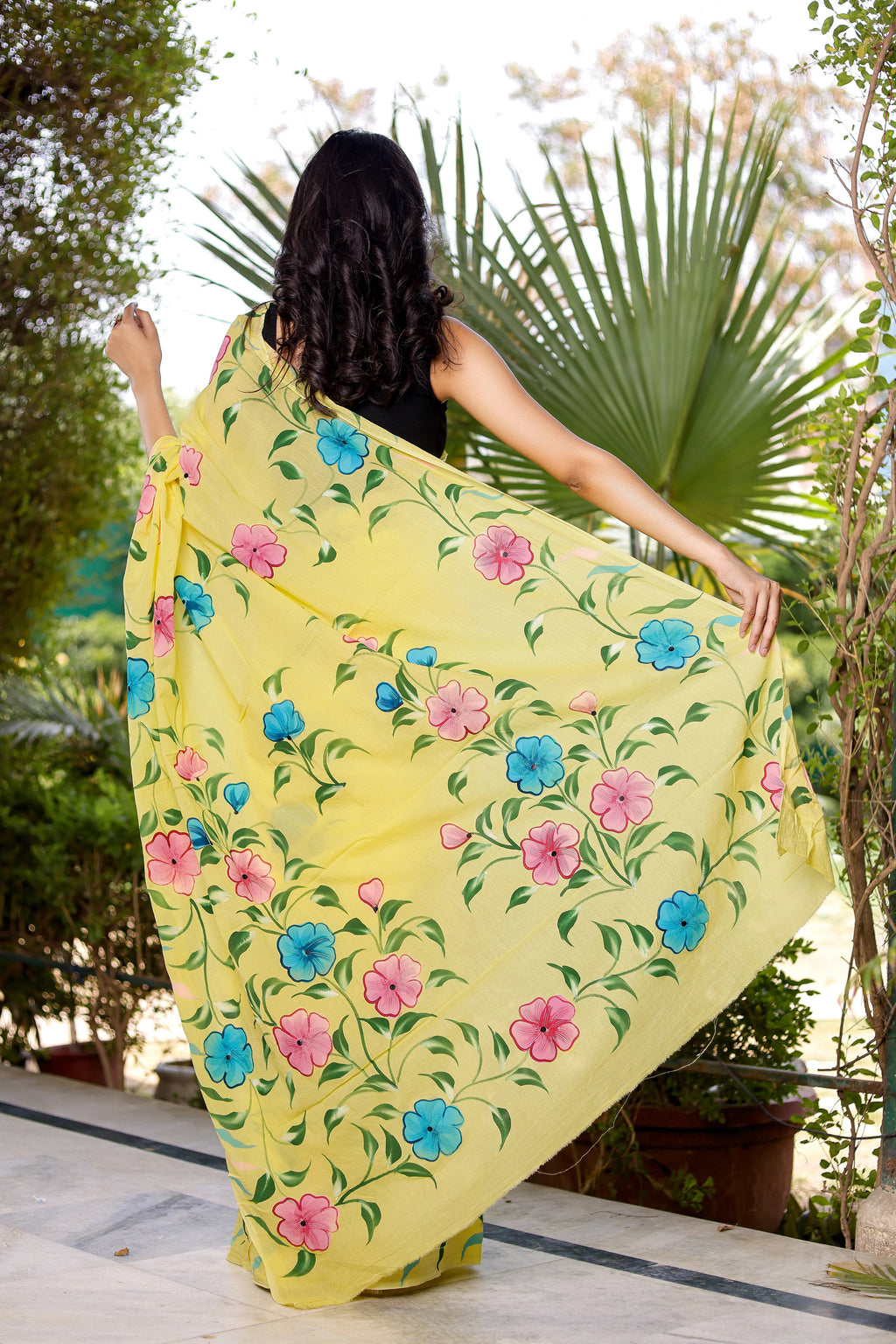 PICHI HAND PAINT PRIMUM SOFT ORIGNAL PURE MUSLIN SILK YELLOW SAREE