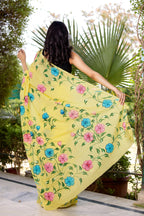 PICHI HAND PAINT PRIMUM SOFT ORIGNAL PURE MUSLIN SILK YELLOW SAREE