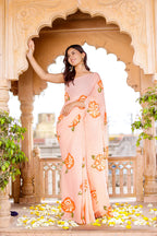 PICHI HAND PAINT PRIMUM SOFT ORIGNAL PURE MUSLIN SILK PEACH SAREE