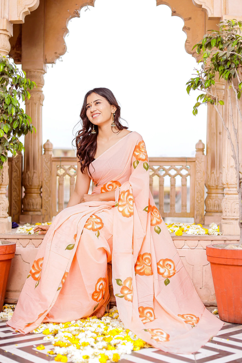 PICHI HAND PAINT PRIMUM SOFT ORIGNAL PURE MUSLIN SILK PEACH SAREE