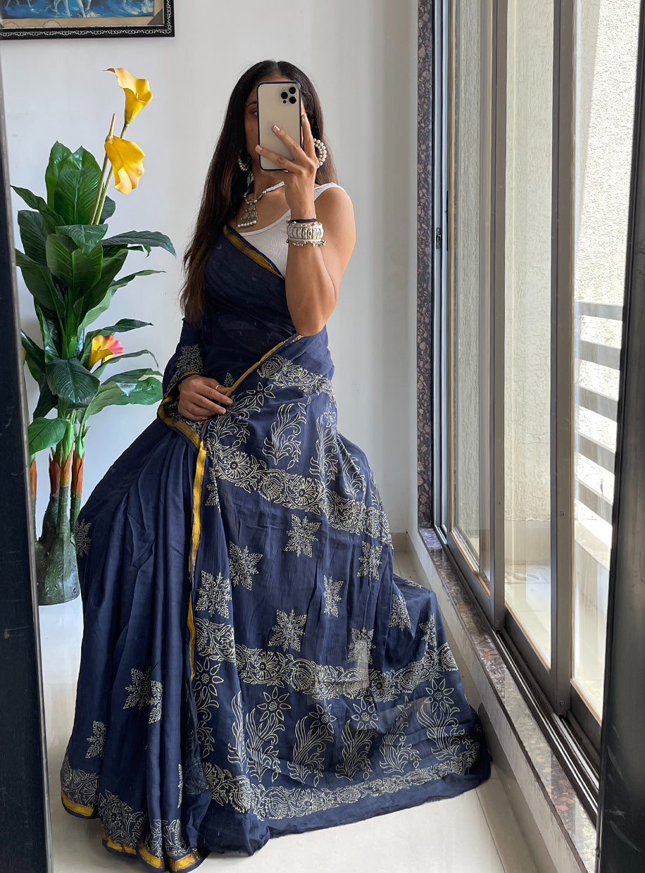 HAND BLOCK10 SOFT MASLIN COTTON WITH HEVY ZARI BODAR NEVY BLUE SAREE