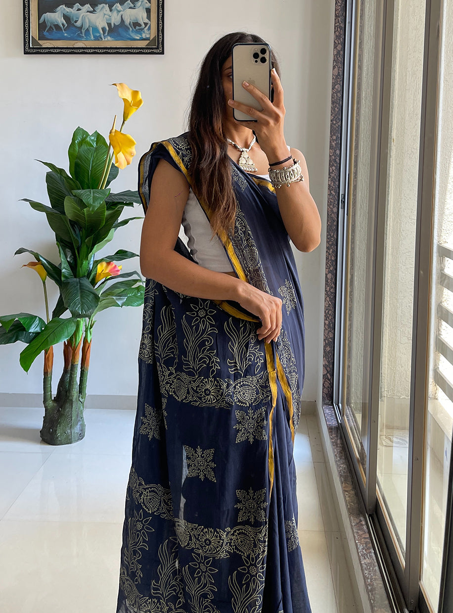 HAND BLOCK10 SOFT MASLIN COTTON WITH HEVY ZARI BODAR NEVY BLUE SAREE