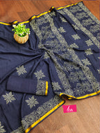 HAND BLOCK10 SOFT MASLIN COTTON WITH HEVY ZARI BODAR NEVY BLUE SAREE