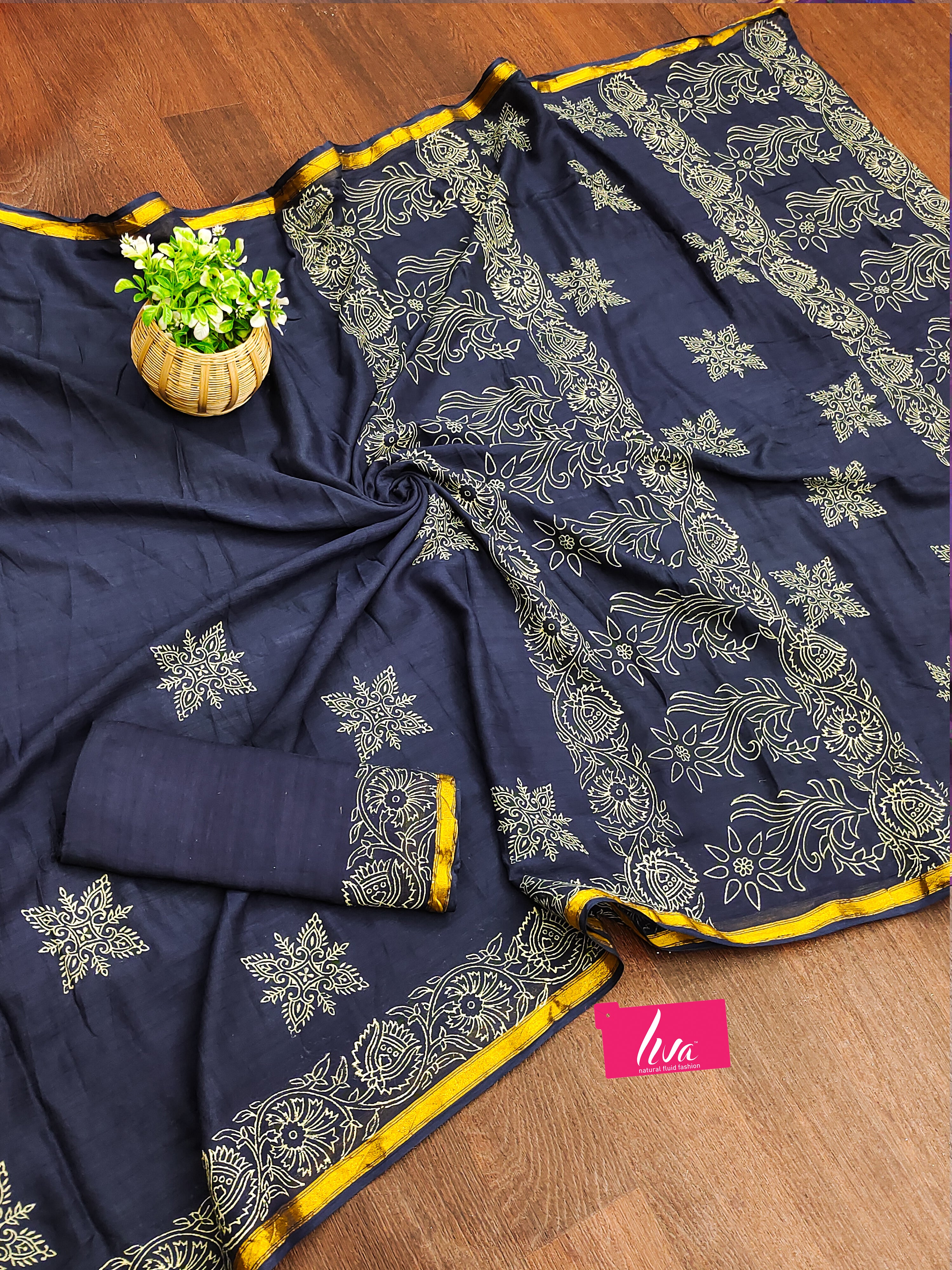 HAND BLOCK10 SOFT MASLIN COTTON WITH HEVY ZARI BODAR NEVY BLUE SAREE