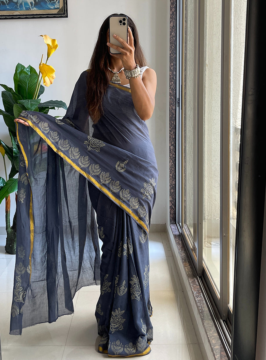HAND BLOCK1 SOFT MASLIN COTTON WITH HEVY ZARI BODAR BLUE SAREE
