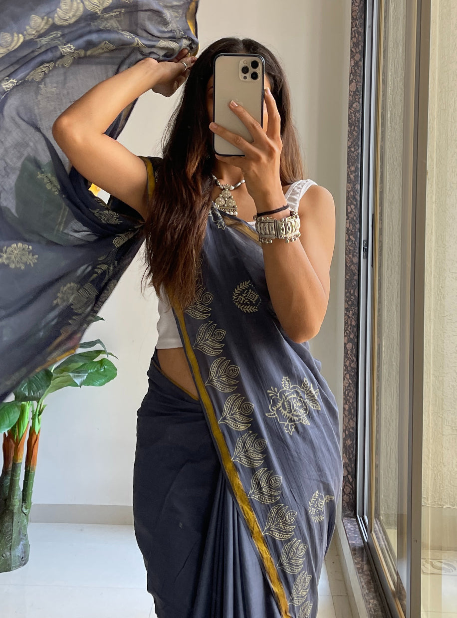 HAND BLOCK1 SOFT MASLIN COTTON WITH HEVY ZARI BODAR BLUE SAREE