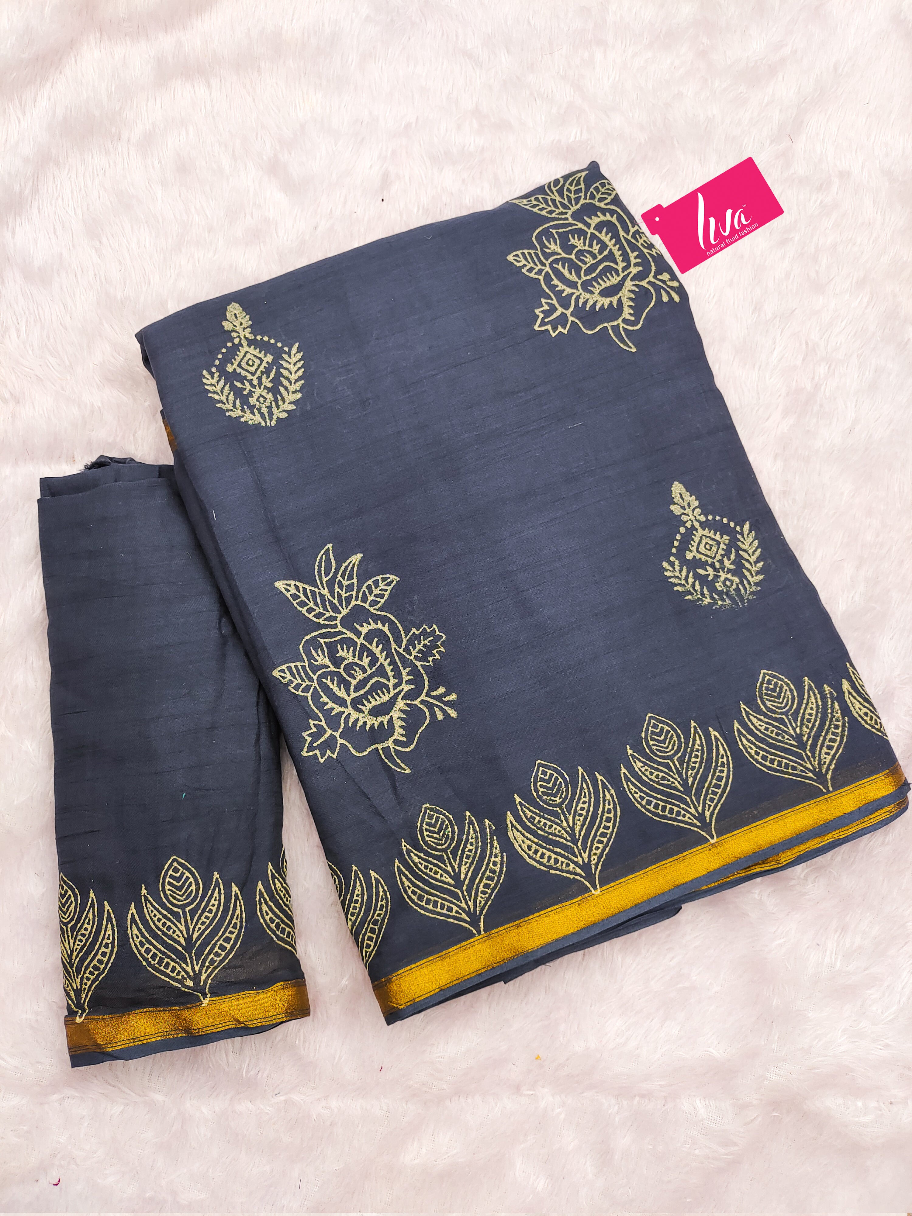 HAND BLOCK1 SOFT MASLIN COTTON WITH HEVY ZARI BODAR BLUE SAREE